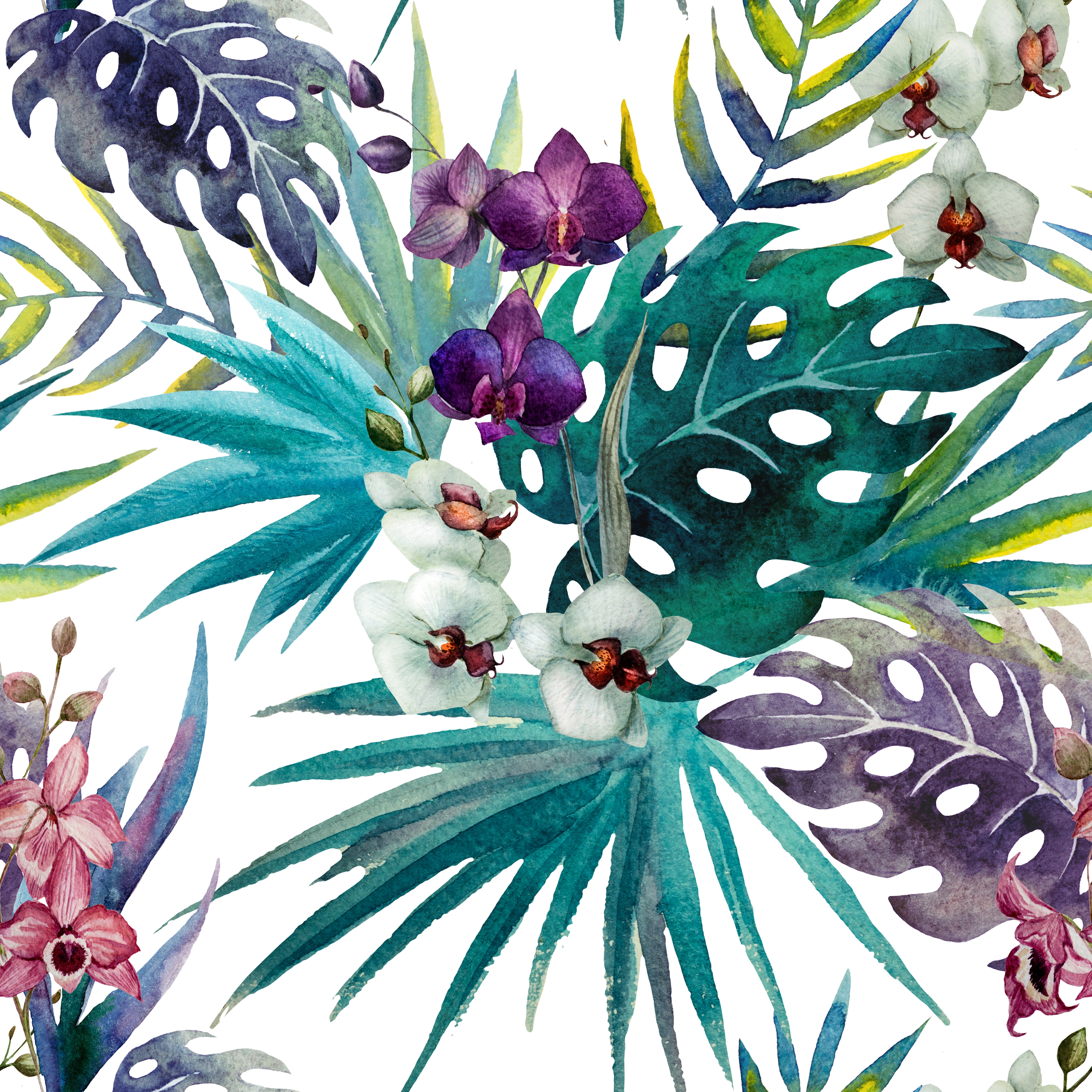 Orchid Hibiscus Leaves Watercolour Tropics - Custom Wallpaper