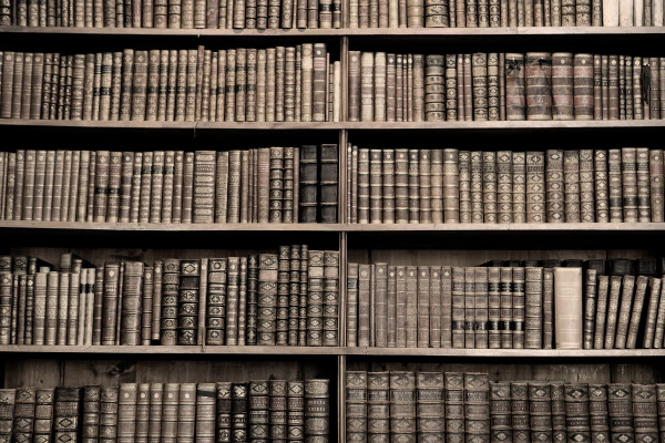 Old books in a library – sepia image