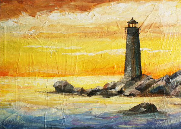 oil painted picture with sea, sunset and beacon