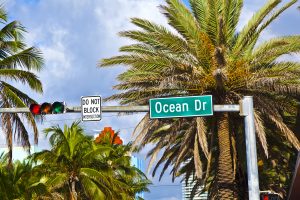 street sign ocean drive  of famous South Miami Art deco alley