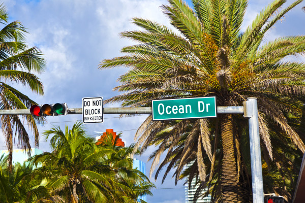 street sign ocean drive  of famous South Miami Art deco alley