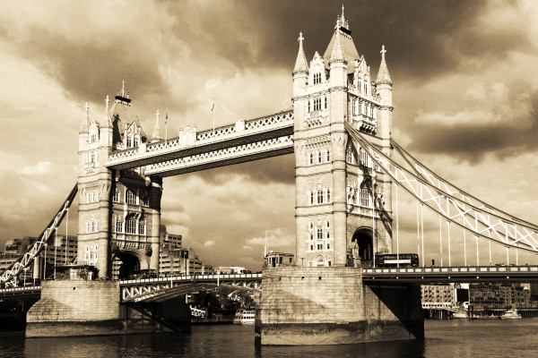 Vintage view of Tower Bridge, London. Sepia toned.