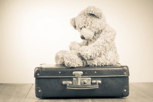 Teddy Bear toy alone on suit case retro sepia photo