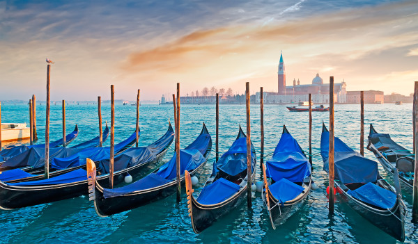 gondolas at dusk