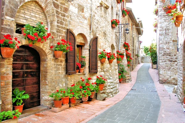 Picturesque lane with flowers in an Italian hill town