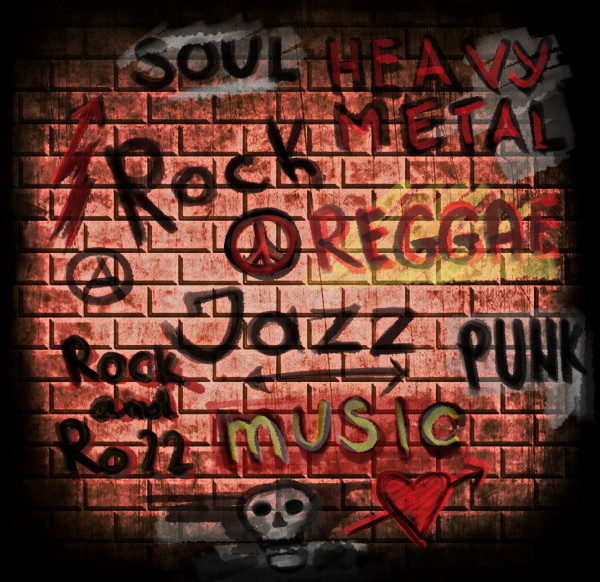 music word on grunge brick wall background