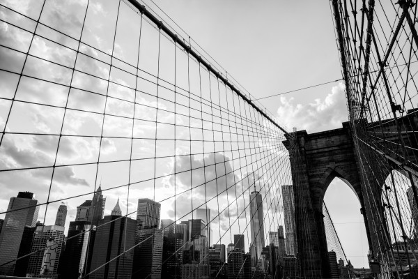 New York City, Brooklyn Bridge skyline black and white