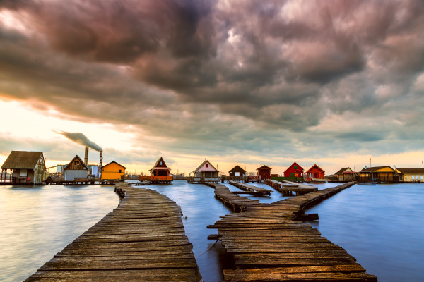 Sunset lake Bokod with pier