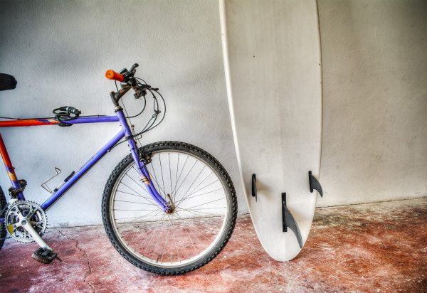 mountain bike and surfboard in hdr