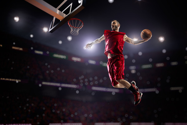 red Basketball player in action