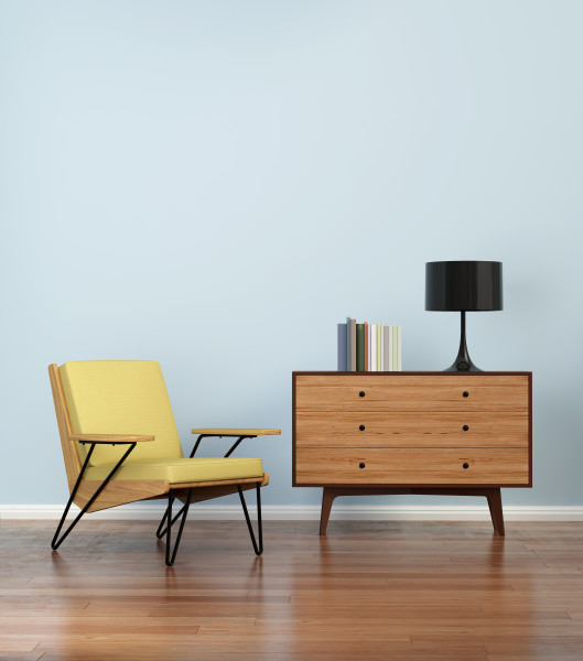 Blue interior with mid century chair and buffet