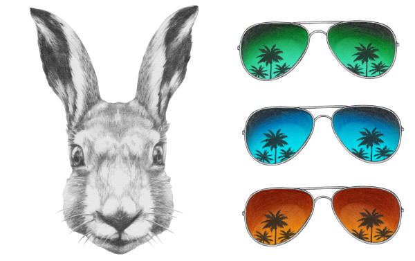 Original drawing of Rabbit with mirror sunglasses. Isolated on white background