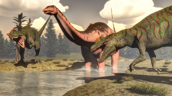 Allosaurus hunting big brontosaurus dinosaur – 3D render