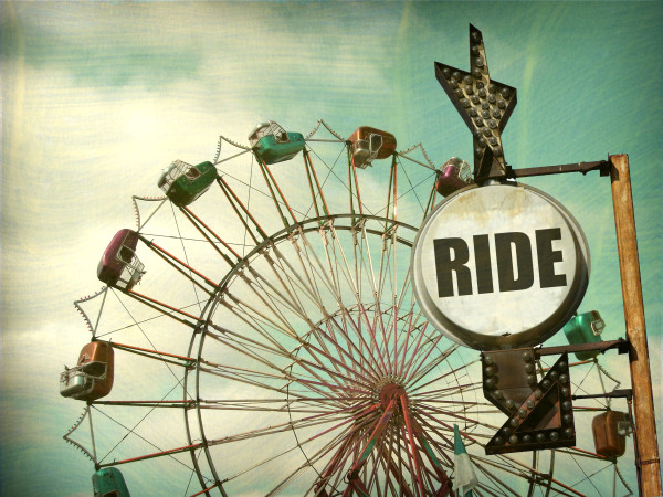 aged and worn vintage photo of ferris wheel and sign