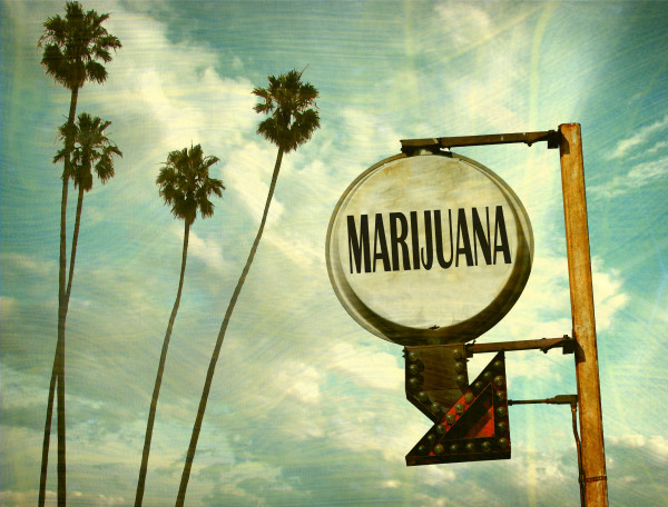 aged and worn vintage photo of marijuana sign with palm trees