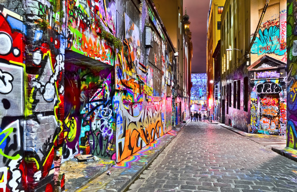 View of colorful graffiti artwork at Hosier Lane in Melbourne