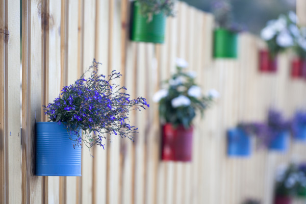 flowerpot hooked on a wooden fence