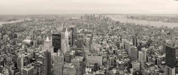 New York City Manhattan downtown skyline black and white