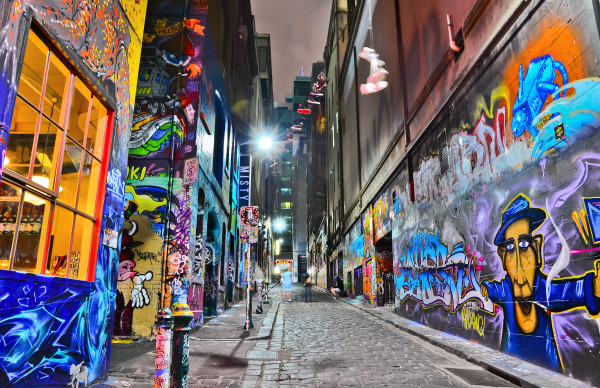 View of colorful graffiti artwork at Hosier Lane in Melbourne