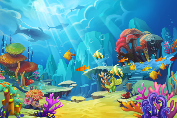 Illustration: The mountain in the sea – Fish is like bird. – Scene Design – Fantastic Style