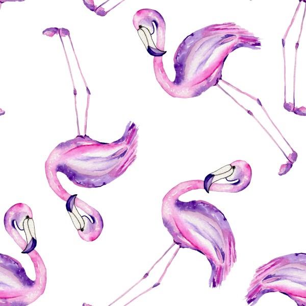 A seamless pattern with the flamingo painted in watercolor on a white background