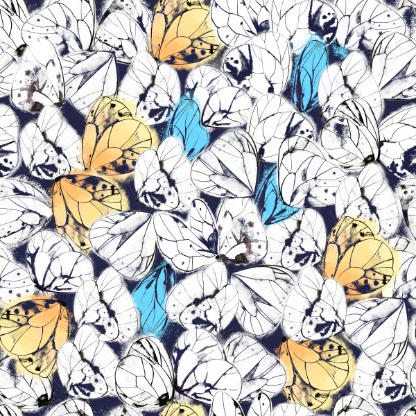 Beautiful seamless pattern with butterflies. Ink and watercolor on wet paper. Hand drawn illustration.