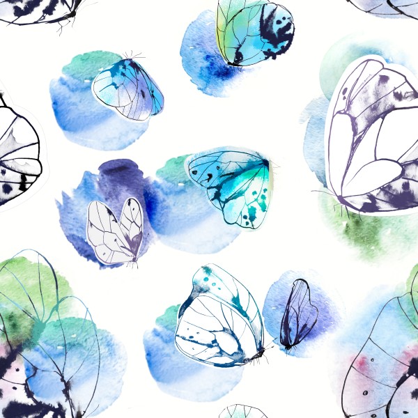 Beautiful seamless pattern with colorful butterflies. Ink and watercolor on wet paper. Hand drawn illustration.