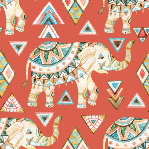 Indian ornate elephant watercolor with tribal elements seamless pattern