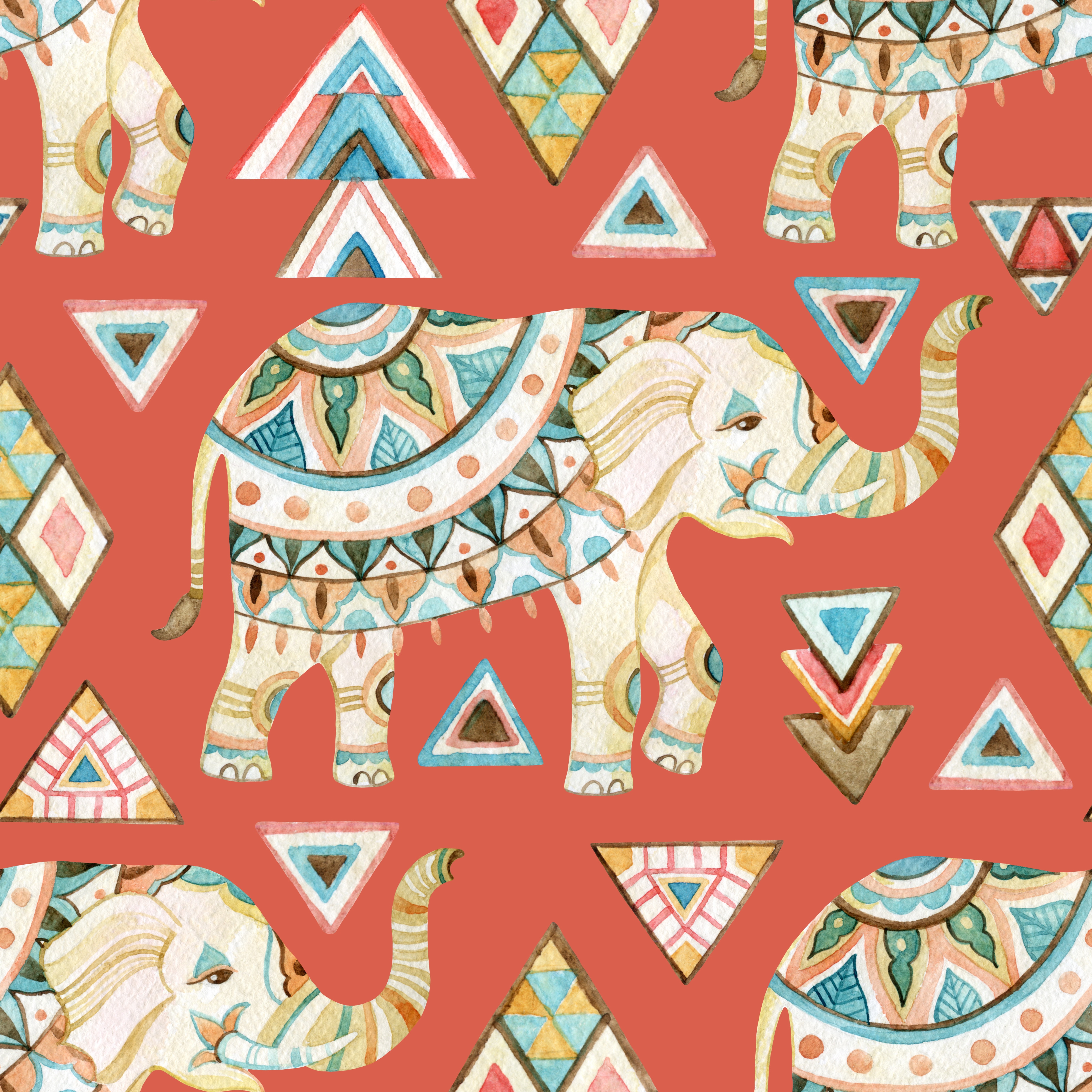Indian ornate elephant watercolor seamless pattern - Custom Wallpaper