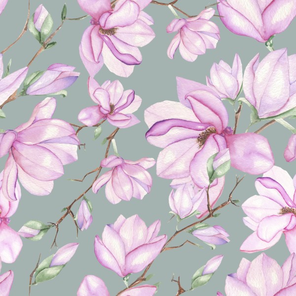 Seamless floral pattern with magnolias painted with watercolors on grey background