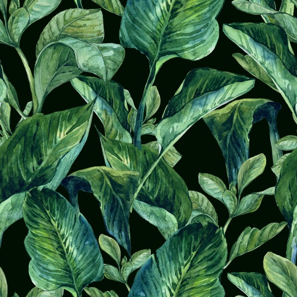 Watercolor Seamless Background with Tropical Leaves 600x600