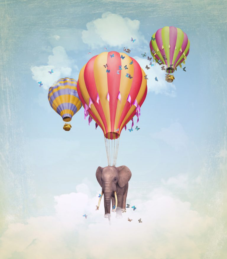 Elephant in the sky with balloons. Illustration