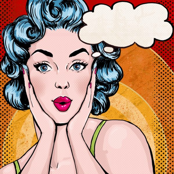Pop Art illustration of woman with the speech bubble.P