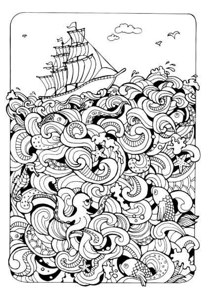 coloring page with boat and the sea
