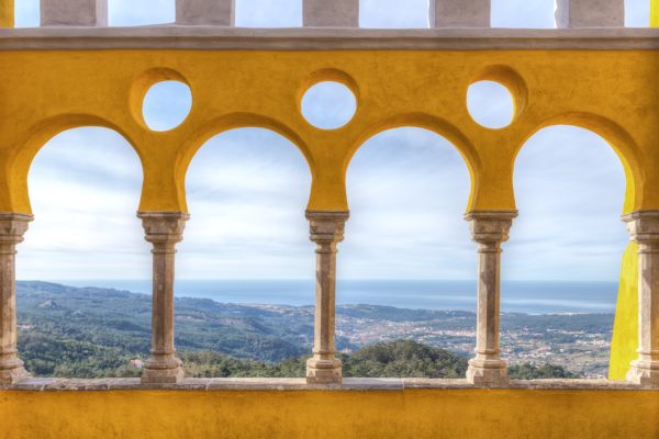 Magnificent view from balcony of castle Pena. Sintra, Portugal.