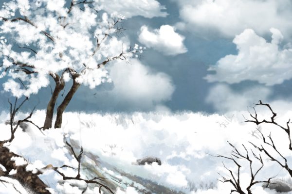 Watercolor Style Digital Artwork: White Snow Land. Realistic Fantastic Cartoon Style Character, Background, Wallpaper, Story, Card Design