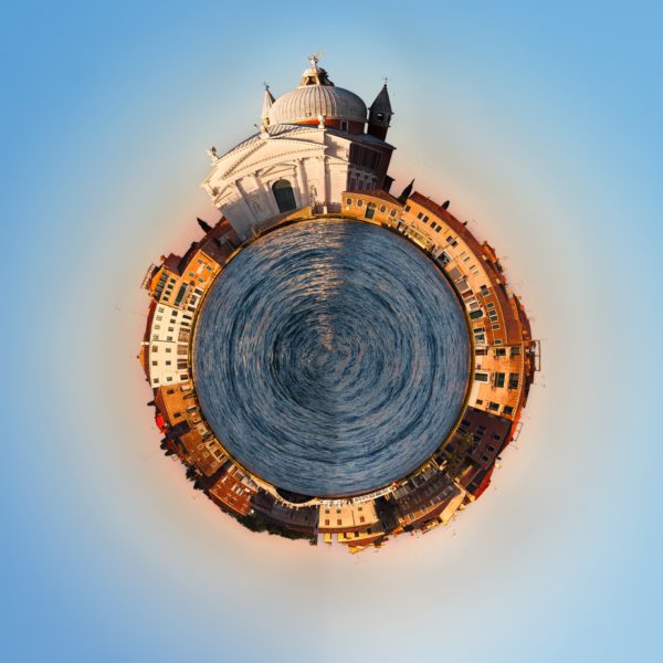 Venice Italy 360 degree panorama of the city as a little planet. Unique view of Venice.