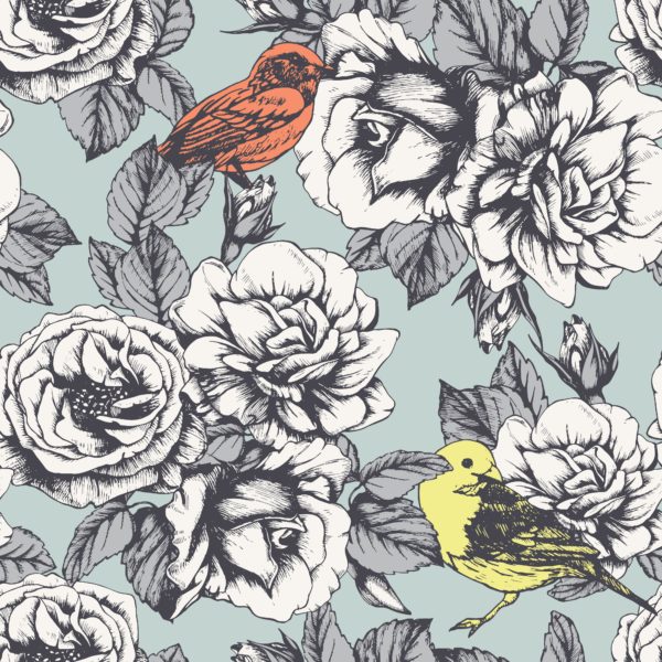 Hand-drawn-Roses-and-Birds