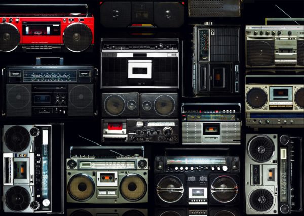 Vintage wall full of radio boombox of the 80s